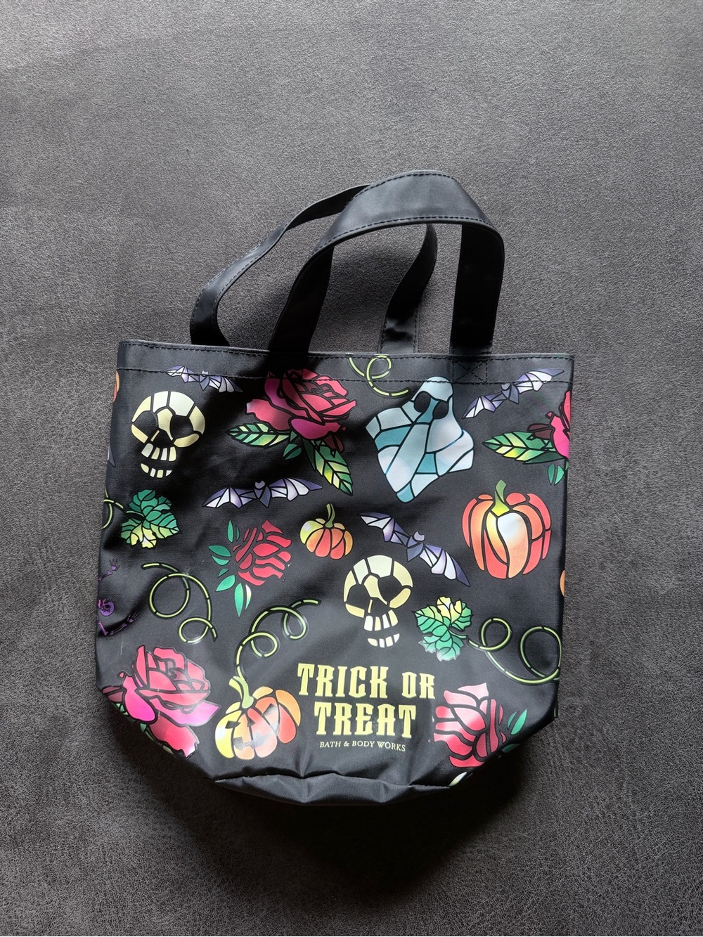 Bath & Body Works Black Halloween Tote with Multicolor Skulls & Pumpkins